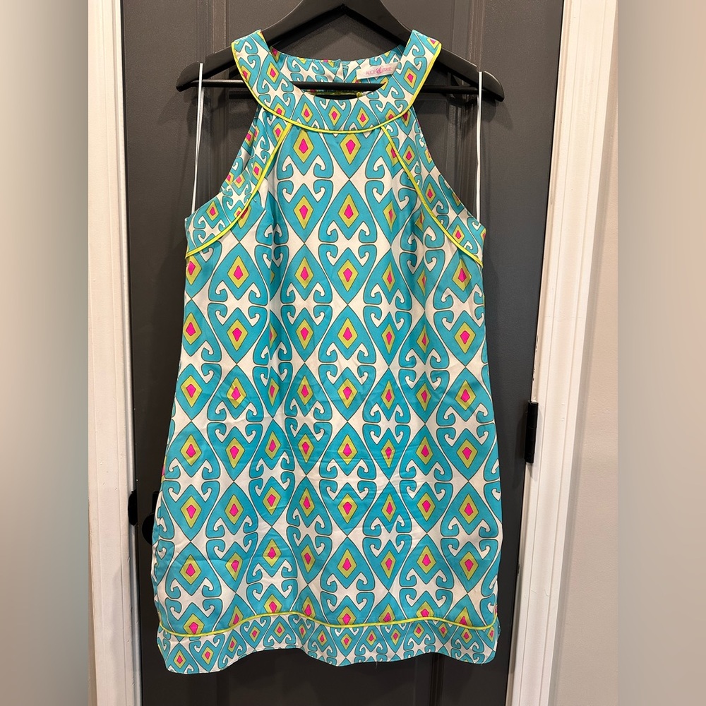 100% Silk Alice & Trixie Turquoise and Pink Colorful Summer Dress- Size Large